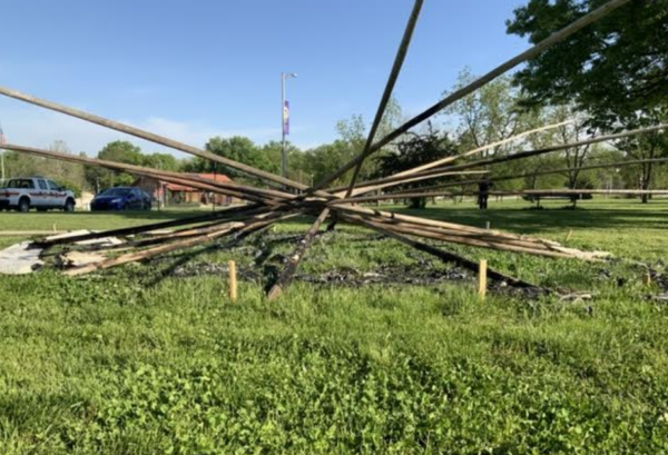 The poles of the burnt teepee remain intact. Photos and video provided to Native News Online by Jared Nally, editor of "Indian Leader"