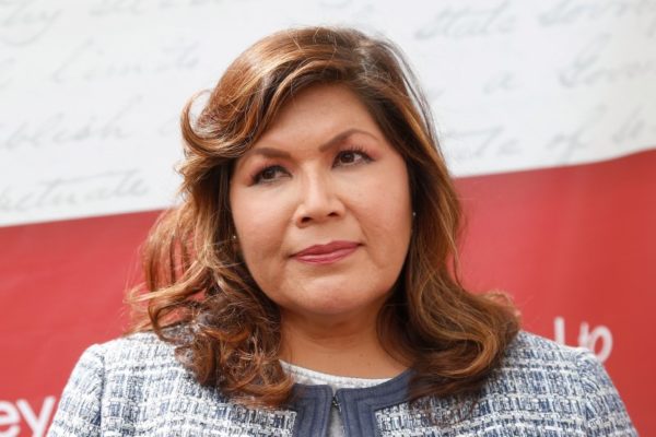 Kimberly Teehee during a news conference after it was announced that she is being nominated by Cherokee National Principal Chief Chuck Hoskin Jr. as a delegate to the U.S. House, in Tahlequah, Okla., Thursday, Aug. 22, 2019. (AP Photo/Sue Ogrocki)