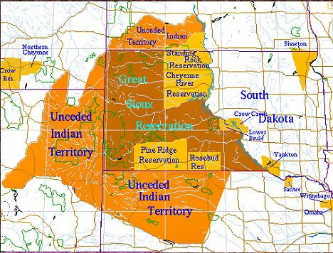 The lighter yellow areas are present day reservations. The brown area marks the original Sioux Reservation, and the orange Unceded Territory is still in dispute today.