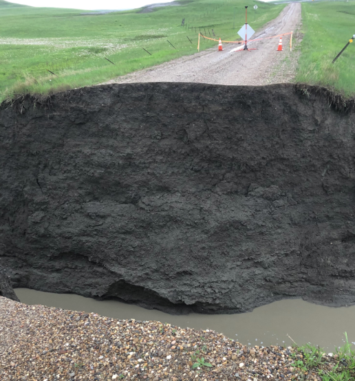 This BIA road on the Cheyenne River Indian Reservation was washed out after a flood two years ago. It remains closed and there is no expectation the road will be fixed anytime soon, according to tribal officials.  (Courtesy photo)