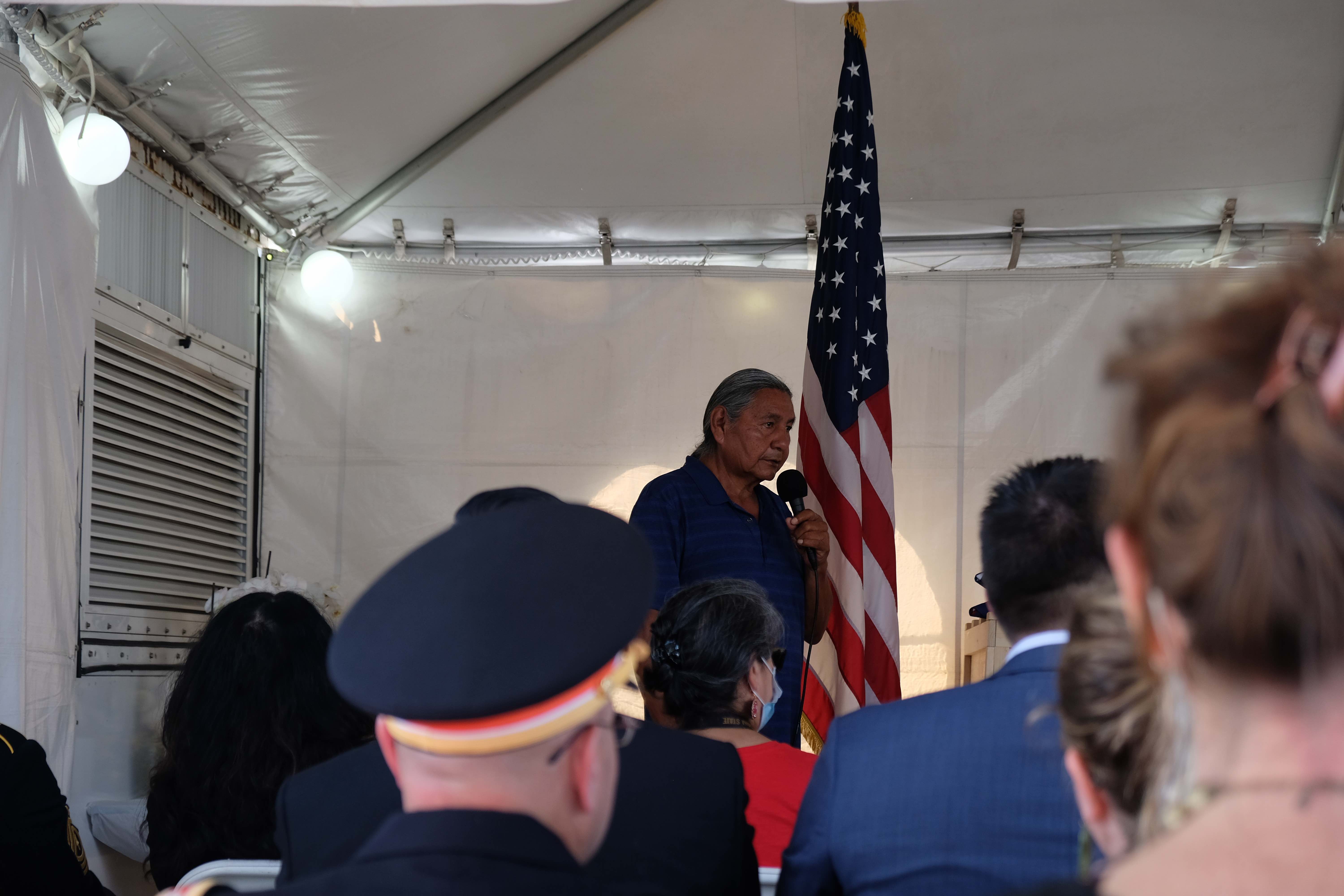 Russell Eagle Bear addressing the crowd at Carlisle. (Photo/Jenna Kunze)